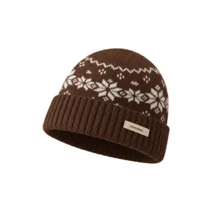 Brown wool knit beanie hat with Nordic snowflake pattern and cozy ribbed brim for winter.
