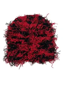 Punk retro red black knitted beanie hat detail, cozy acrylic warm fuzzy skull cap for men women.