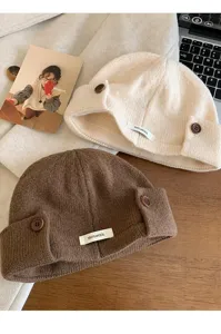 Bonnet tricoté 100% laine douillet avec boutons, chapeau chaud protège-oreilles femme automne hiver.