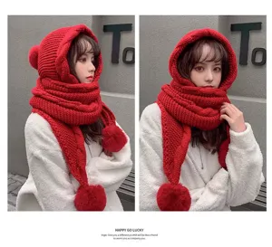 Winter warm knitted hat scarf all-in-one cute pompom plush thick windproof women hood cap