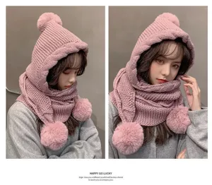 Korean style winter warm knitted hat scarf-in-one with cute pom-pom earflap detail display.