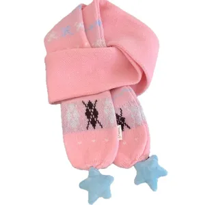 Écharpe en tricot rose mignon avec pendentifs étoile bleue et jacquard nœud, cache-cou chaud d'hiver.