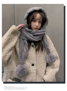 Winter warm knitted hooded scarf with cute pom-poms, thick fleece thermal outdoor wear.