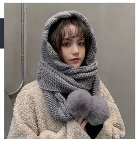 Winter thick knitted hooded scarf for women with cute pom poms warm cozy grey headwear