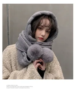 Winter thick knitted hooded scarf with cute pom-poms, warm cozy fleece earflap beanie hat.