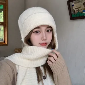 Femme Hiver Chaud Bonnet en Tricot et Écharpe Tout en Un Capuche Protection des Oreilles Couleurunie Mélange de Laine Beanie Mode