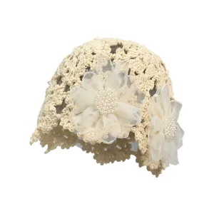 Chapeau bonnet crochet femme été ajouré style doux fleurs perles élégant couvre-chef mode