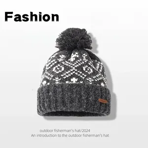 Winter thick pom pom knit hat with classic jacquard pattern warm wool beanie for women