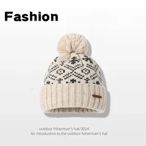 Winter warm knitted beanie hat with pompom and fair isle pattern for women daily wear outdoor.