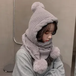 Korean style winter knitted hood and scarf set with cute pom poms for women, warm grey.