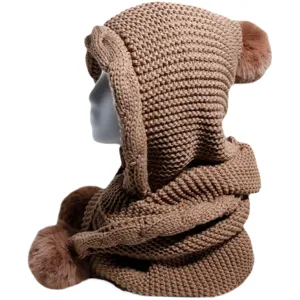 Winter women knitted hat scarf combo with cute pom poms warm thick thermal beanie cap.