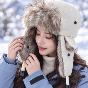 Gorro de trampero de invierno cálido con piel sintética suave y orejeras, antiviento nieve.