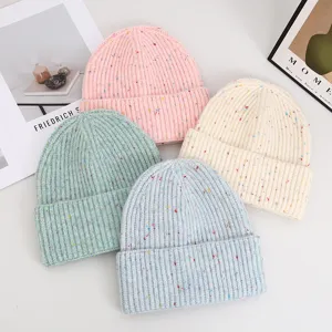 Colorful flecked knit beanie winter warm woolen hat casual soft solid color cap for women
