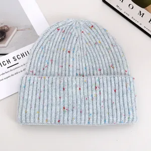 Winter thick knit beanie hat with colorful speckles, cozy warm slouchy cap for women.