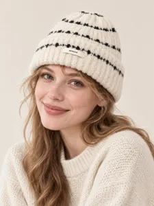 Korean style thick warm knit beanie hat with black stripes and trendy woven label for women.