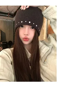 Bonnet en tricot clouté rétro américain pour femme, automne hiver chapeau chaud décontracté.