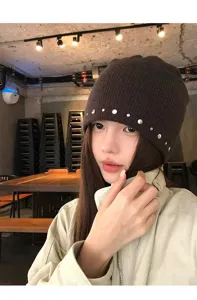 Bonnet en tricot clouté vintage américain pour femmes, chapeau de mode hiver automne.