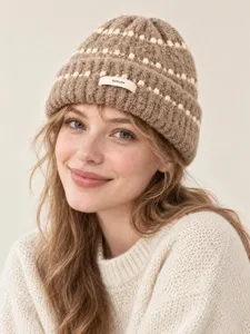 Korean style warm thick knit beanie hat detail view, soft cozy fabric and stylish winter wear.