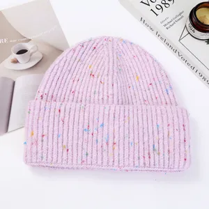 Autumn winter warm knitted beanie hat, thick soft colorful speckled design, stylish casual.