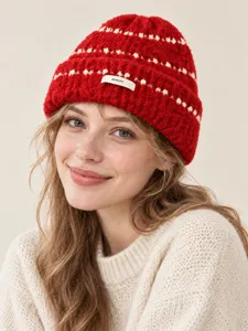 Korean style red thick knit beanie winter warm pullover hat with stylish pattern detail.