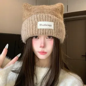 Bonnet tricot oreilles de chat mignon pour femme, automne hiver chaud bonnet laine avec étiquette.