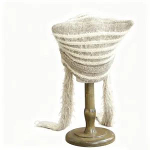 Autumn winter cute cat ear knitted hat Korean style striped warm earflap beanie detail view