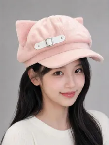 Bonita gorra estilo marinero rosa con orejas de gato para mujer, boina de felpa con hebilla metálica.
