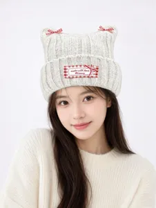 Cute cat ear knitted hat for women, winter warm woolen cap with sweet plaid bows and label.