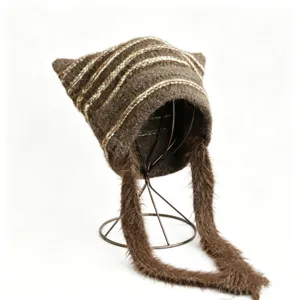 Cute cat ear knitted winter beanie hat with fluffy long ear flaps and stylish striped design.