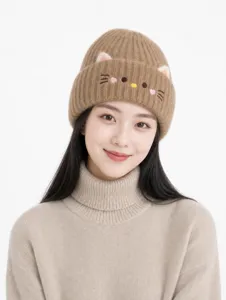 Berretto in maglia a costole con orecchie di gatto, cappello invernale caldo ricamato da donna.
