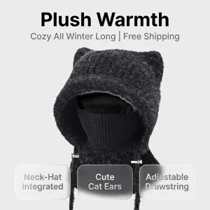 Plush winter balaclava hat with cute cat ears, integrated neck warmer and adjustable drawstring.
