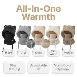 Knitted cat ear balaclava detail, plush winter warm hood, soft texture, adjustable fit.