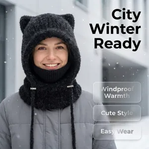 Black fuzzy cat ear balaclava winter warm knit hat integrated face cover for outdoor cycling.