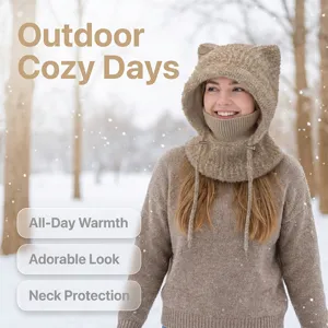 Cozy winter cat ear balaclava knit hat detail view, soft warm fleece hood in snow outdoor scene.