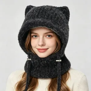 Cozy winter fleece cat ear balaclava hood warm windproof knitted ski cap with drawstring