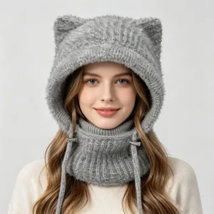 Winter Windproof Warm Knit Balaclava Hat Cute Cat Ear Bib Face Mask Integrated Beanie Cap For Adults