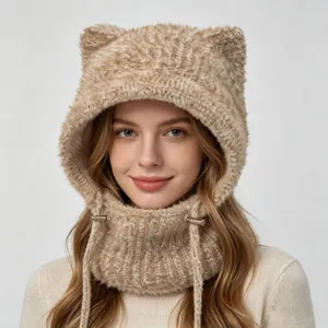 Close-up of the soft plush cat ear balaclava hat with integrated neck warmer showing cozy knit texture.