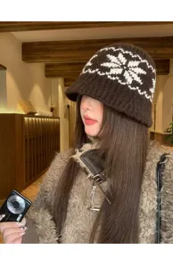 Brown Fair Isle knit bucket hat for women, winter warm woolen basin hat stylish cap.
