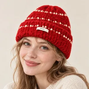 Korean style thick knit beanie for winter, warm windproof pullover hat for women daily wear.