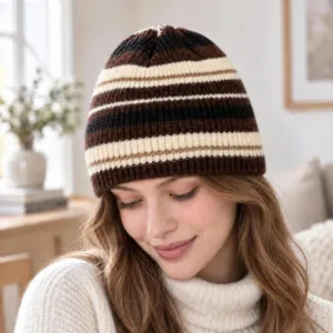 Comodo berretto in maglia a righe da donna, cappello invernale caldo stile slouchy.