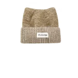 Bonnet tricoté à oreilles de chat pour femmes, automne hiver chaud bonnet pull polyvalent.