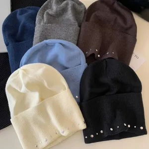 Bonnet en tricot pour femme automne hiver decontracte lâche chapeau chaud avec rivets mode