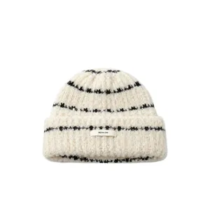 Korean style thick warm knitted beanie hat with black striped pattern and brand label.