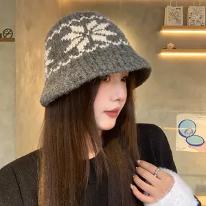 Women winter vintage Fair Isle knit bucket hat, cozy warm wool yarn basin hat grey white