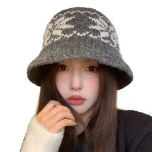 Fair Isle knit bucket hat for women winter retro ethnic style warm woolen basin hat