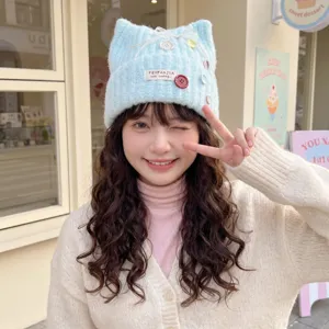 Sweet cute cat ear knit hat for women autumn winter warm beanie stylish cute ear protection hat