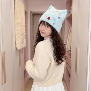 Sweet cute cat ear knitted hat, winter warm beanie, fashion versatile ear protection.
