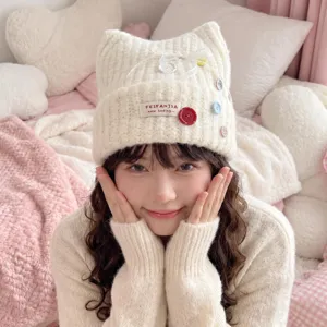Cute cat ear knitted hat for women, soft winter warm wool beanie with cute bow and buttons detail.