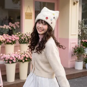 Sweet cute cat ear knit hat for women autumn winter warm beanie stylish versatile ear protection