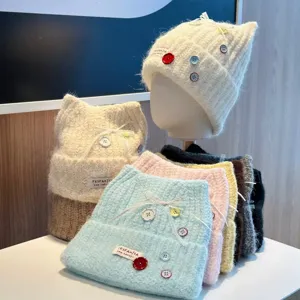 Sweet cat ear knitted hat for women, autumn winter warm woolen cap with buttons, stylish beanie.
